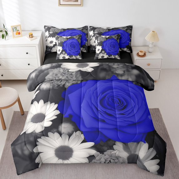 Rose 7 Pcs Comforter Set Queen,Blue Grey Black Floral Bed in a Bag with Flat Sheet and Fitted Sheet for Men Women Couple,Romantic Flower Farmhouse Bedding Set with Pillowcase & Sham