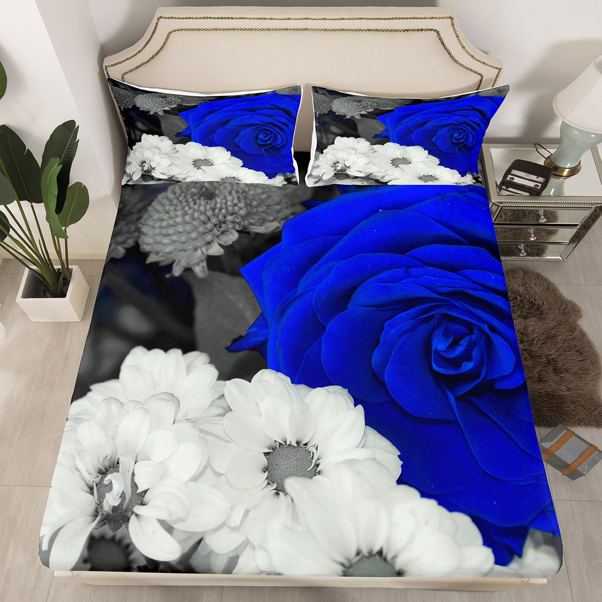 YST Rose Bed Sheets Set Queen Size, Blue Grey Black Floral Fitted Sheet