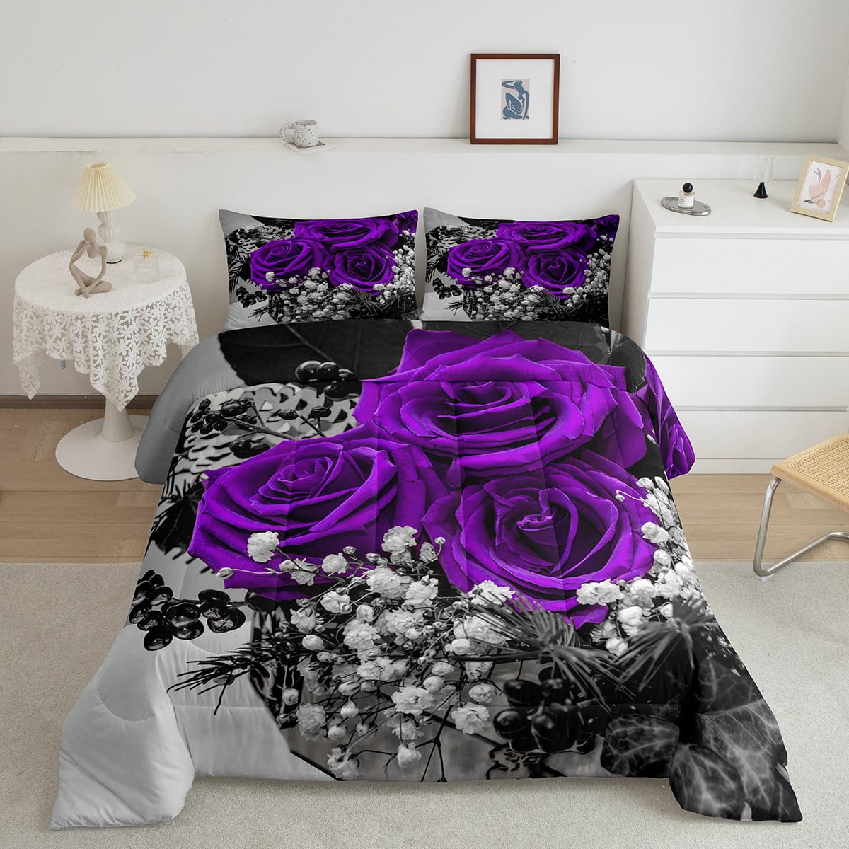 YST Rose Floral Bedding Comforter Sets Queen Size, Girls Women Purple ...