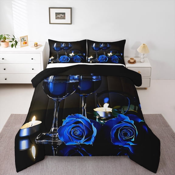 Rose Floral Bedding Set Twin 3D Blue Rose Wine Glass Comforter Set for Women Men Adult Romantic Valentine's Day Blossom Quilt Set Banquet Flower Duvet Set, Black Gray Down Comforter