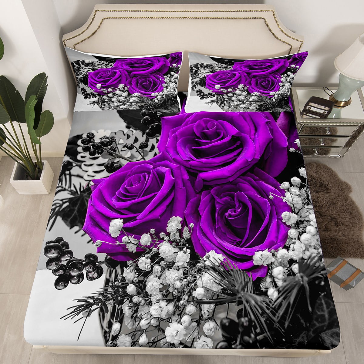 YST Rose Floral Fitted Sheet Twin Size, Girls Women Purple Rose Bed