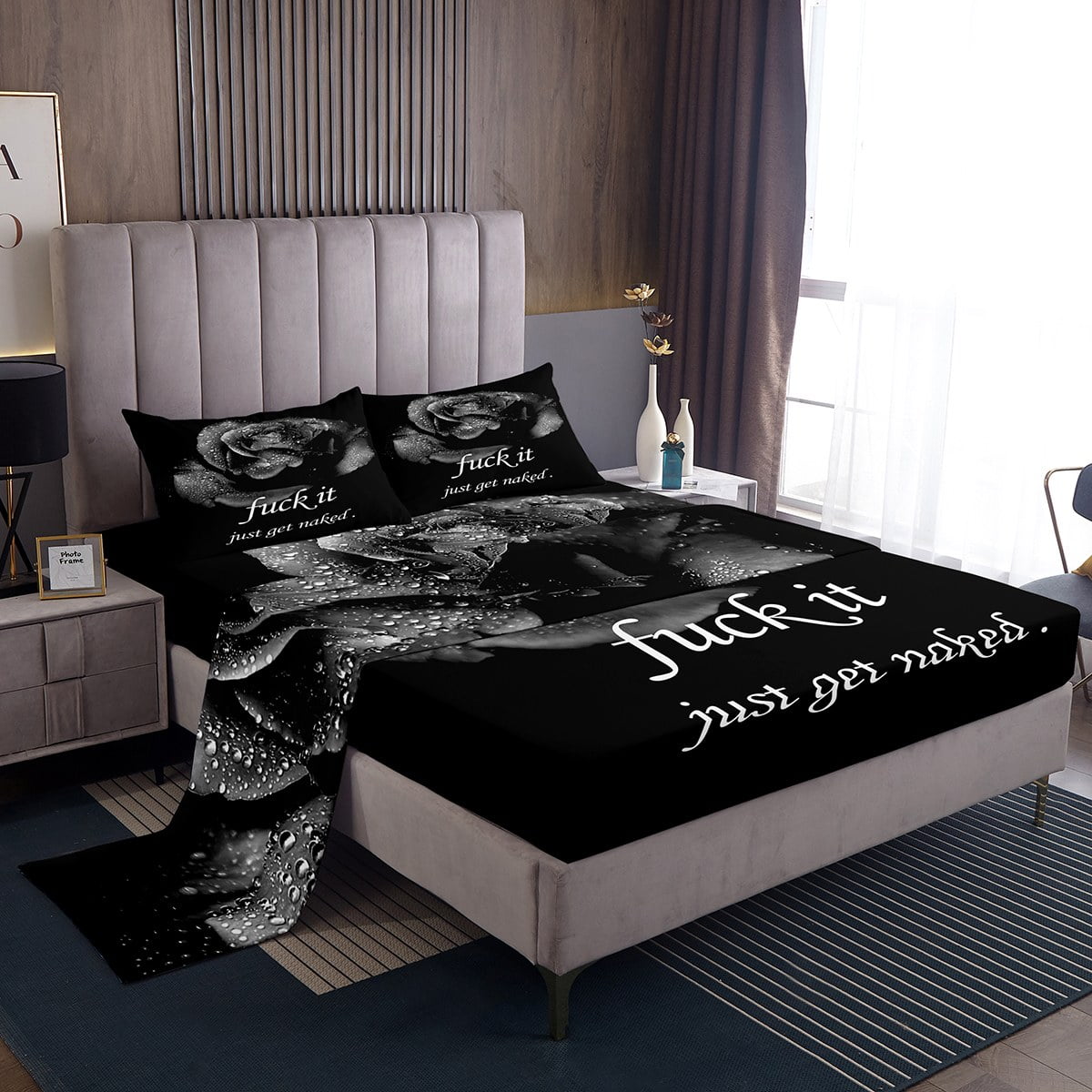 YST Rose Sheet Set Full, Black And Grey Rose Floral Bed Sheets Set