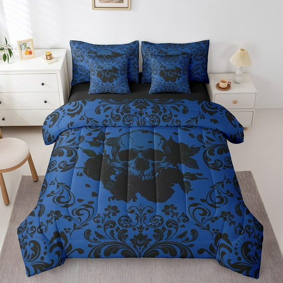 Rose Skull Bed In A Bag 7 Piece Queen Black Damask Floral Gothic Bedding Set Halloween Skull Skeleton Comforter Set With Sheets Adults,Goth Hippie Skull Bed Set Blue