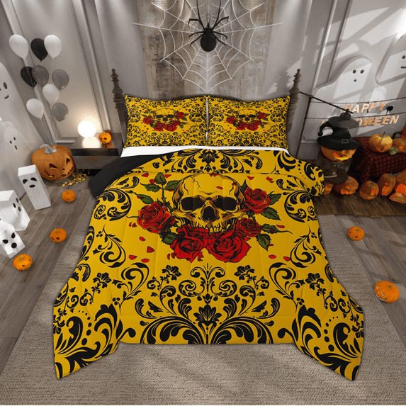 Erosebridal Rose Skull Bedding Comforter Sets Black Damask Floral Gothic King Comforter Set Halloween Skull Skeleton Bedding Set Adults,Goth Hippie Skull Quilt Set Yellow