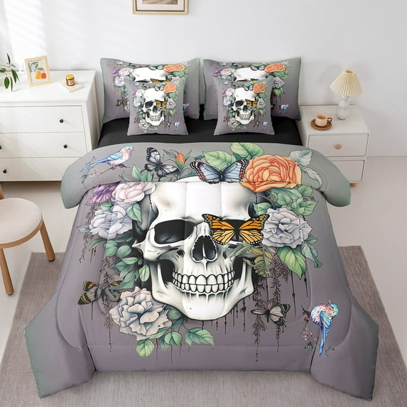 Rose Skull Bedding Set Goth Bird Butterfly Twin Comforter Set 7 Piece Retro Gothic Sugar Skull Bed In A Bag Halloween Sketch Skeleton Bedding Comforter Sets Reversible Bed Set