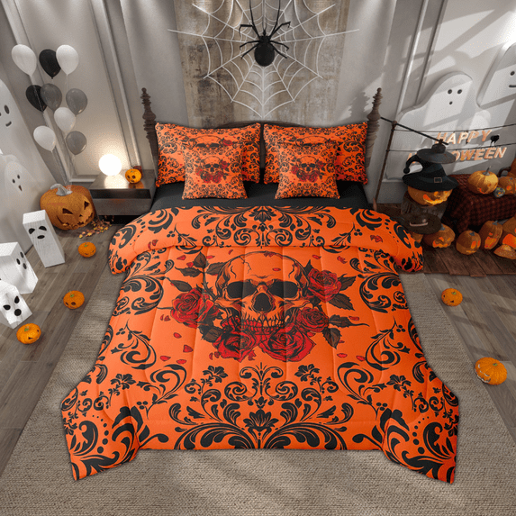 Rose Skull King Comforter Set 7 Piece,Orange Black Halloween Gothic Bedding Set With Sheet Set Exotic Damask Floral Skull Bed In A Bag Adults Goth Hippie Skeleton Bed Set