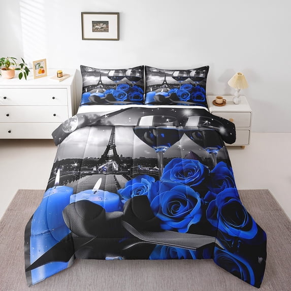 Rose Wine Glass Comforter Set Eiffel Tower Bedding Set King Size Blue Black Rose Floral Quilt Set Banquet Flower Blossom Romantic Valentine's Day Duvet Set, Grey Comforter Set