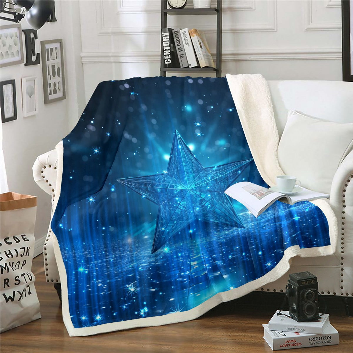 Royal blue and black blanket for bed couch star geometric throw blanket