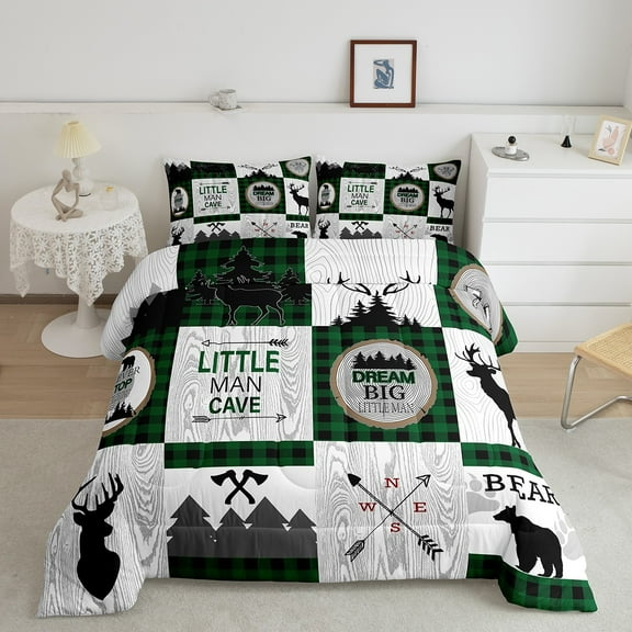 Erosebridal Rustic Animal Comforter Set Queen,Hunting Bear Deer Bedding Sets Teen Men Green Black Plaid Check Cabin Down Comforter,Farmhouse Wooden Quilted Bedding 2 Pillow Cases