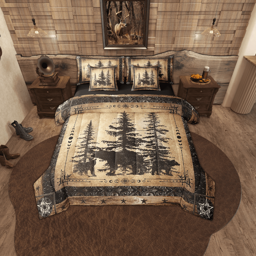Rustic Bear Comforter Set King 7 Piece Woodland Wildlife Hunting Bed In A Bag Farmhouse Cabin Lodge Bedding Comforter Sets Adults Men Black Retro Country Animal Bed Set