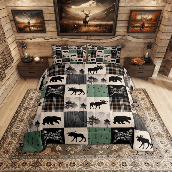 Erosebridal Rustic Bear Deer Bedding Set, Farmhouse Cabin Decor Comforter Set King Size Woodland Country Patchwork Bedding Comforter Sets, Grid Quilt With 2 Pillow Cases