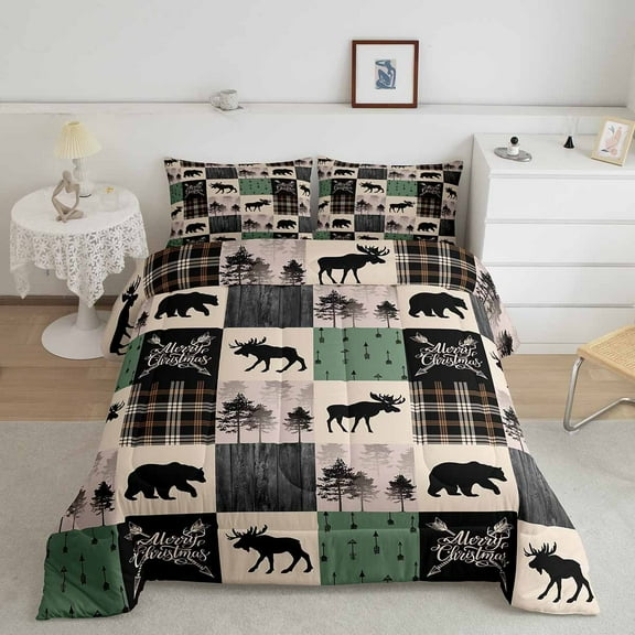 Erosebridal Rustic Bear Deer Bedding Set, Farmhouse Cabin Decor Comforter Set Queen Size Woodland Country Patchwork Bedding Comforter Sets, Grid Quilt With 2 Pillow Cases