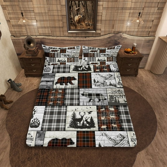 Rustic Cabin Bed Sheets Twin Country Farmhouse Buffalo Plaid Sheet Sets,Woodland Bear Deer Wolf Bedding Sheets Hunting Animal Wildlife Bed Sheet Set With Top Sheets Black Brown Grey