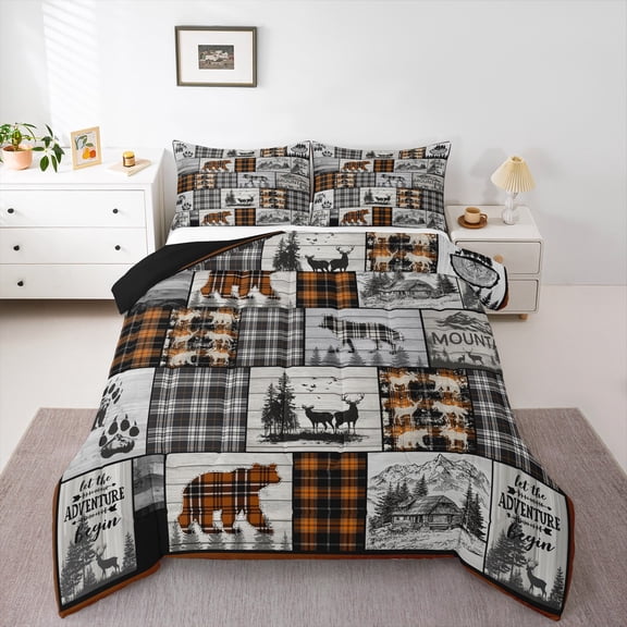 Rustic Cabin Bedding Set King Farmhouse Lodge Down Comforter Black Orange Buffalo Plaid Country Comforter Set Men Hunting Bear Deer Wolf Woodland Wildlife Quilt Set