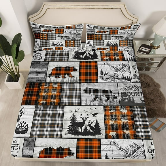 Rustic Cabin Bedding Set Twin Farmhouse Lodge Fitted Sheet Black Orange Buffalo Plaid Country Bed Sheets Men Hunting Bear Deer Wolf Woodland Wildlife Fitted Bed Sheets(No Top Sheet)