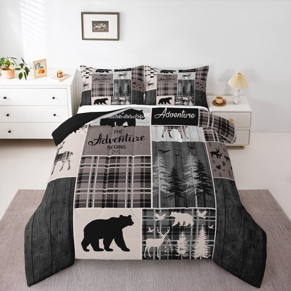 Rustic Cabin Comforter Set King Size, Hunting Bear Deer Bedding Vintage Farmhouse Duvet Insert Camper Lodge Room Decor, Vintage Plaid Tree Quilt 3Pcs With 2 Pillow Cases, Gray Brown