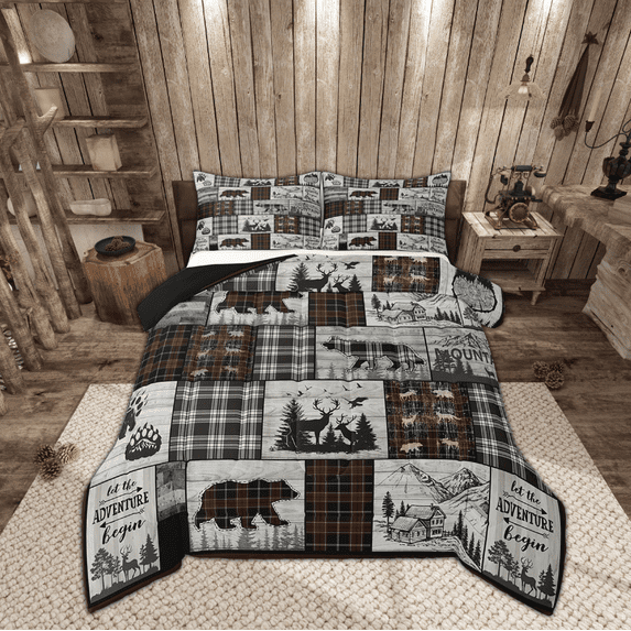 Erosebridal Rustic Cabin Comforter Set Country Farmhouse Buffalo Plaid Bedding Sets,Woodland Bear Deer Wolf Bed Comforter Hunting Animal Wildlife Quilt Black Brown Grey Camper Car Decor