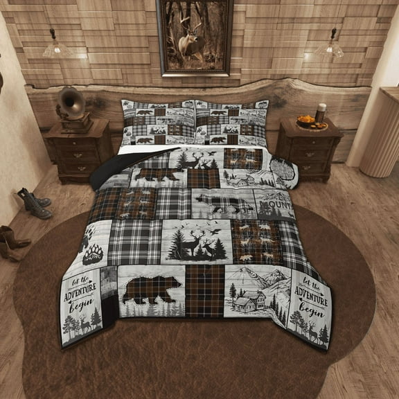 Rustic Cabin Comforter Set Twin Size Country Farmhouse Buffalo Plaid Bedding Sets,Woodland Bear Deer Wolf Bed Comforter Hunting Animal Wildlife Quilt Black Brown Grey Camper Car Decor