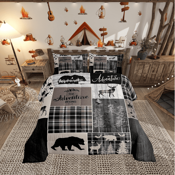 Rustic Cabin Comforter Set Twin Size, Hunting Bear Deer Bedding Vintage Farmhouse Duvet Insert Camper Lodge Room Decor, Vintage Plaid Tree Quilt 2Pcs With 1 Pillow Case, Gray Brown