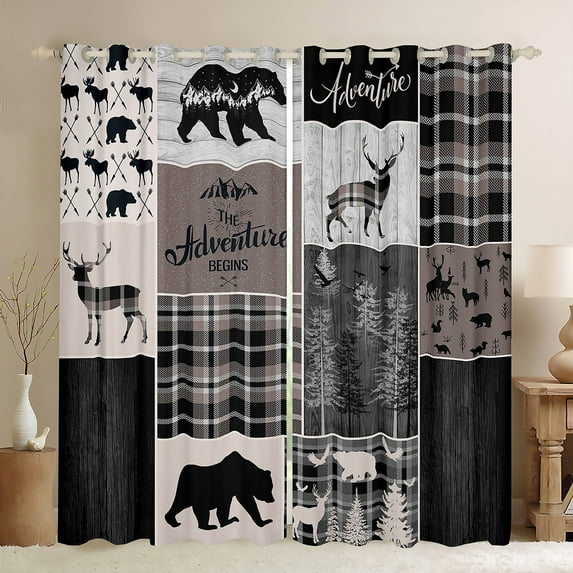 Erosebridal Rustic Cabin Curtains & Drapes 42"Wx63"L 2 Panels, Hunting Bear Deer Curtains Vintage Farmhouse Blackout Curtains Camper Lodge Room Decor, Vintage Plaid Tree Window Curtains,Gray Brown