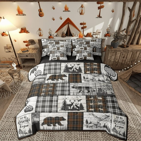 Rustic Cabin Full Comforter Set 7 Piece Country Farmhouse Buffalo Plaid Bedding Sets,Woodland Bear Deer Wolf Bed In A Bag Hunting Animal Wildlife Bed Set Black Brown Grey