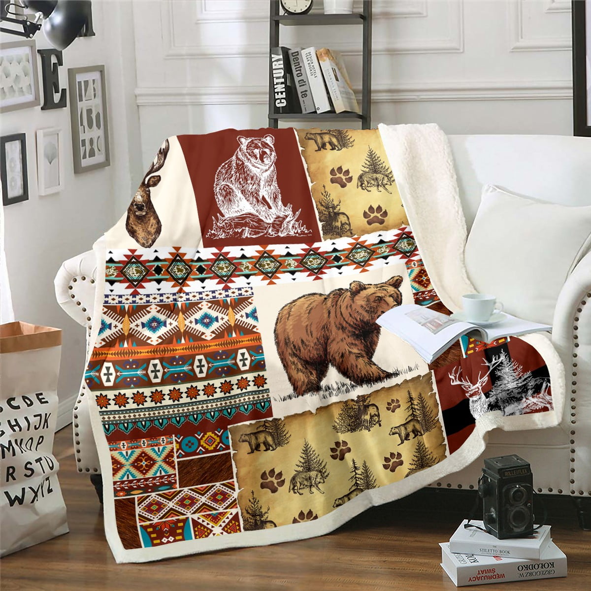 YST Rustic Cabin Throw Blanket Bohemian Aztec Fleece Blanket,Woodland