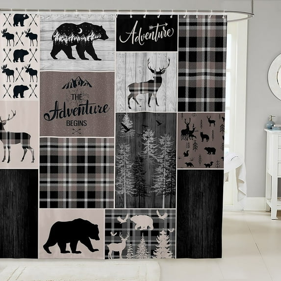 Rustic Cabin Waterproof Bathroom Curtains, Hunting Bear Deer Shower Curtain Vintage Farmhouse Bath Curtain Camper Lodge Room Decor, Vintage Plaid Tree Bathroom Accessories 72" W X 84" L