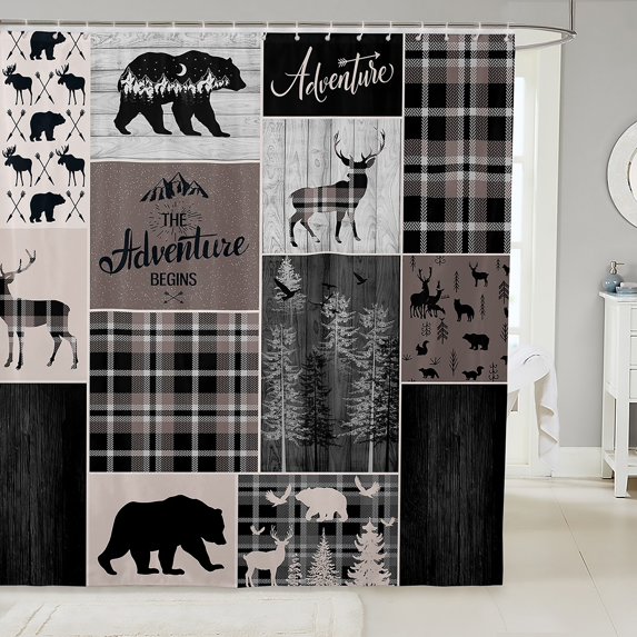 Rustic Cabin Waterproof Bathroom Curtains, Hunting Bear Deer Shower Curtain Vintage Farmhouse Bath Curtain Camper Lodge Room Decor, Vintage Plaid Tree Bathroom Accessories 72" W X 78" L