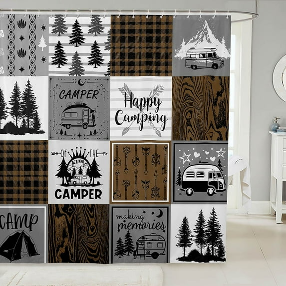 Rustic Camping Shower Curtain Rv Camper Bathroom Curtain 72"Wx78"L Farmhouse Buffalo Plaid Bath Curtain Travel Trailers Bathroom Accessories Country Cabin Lodge Decor