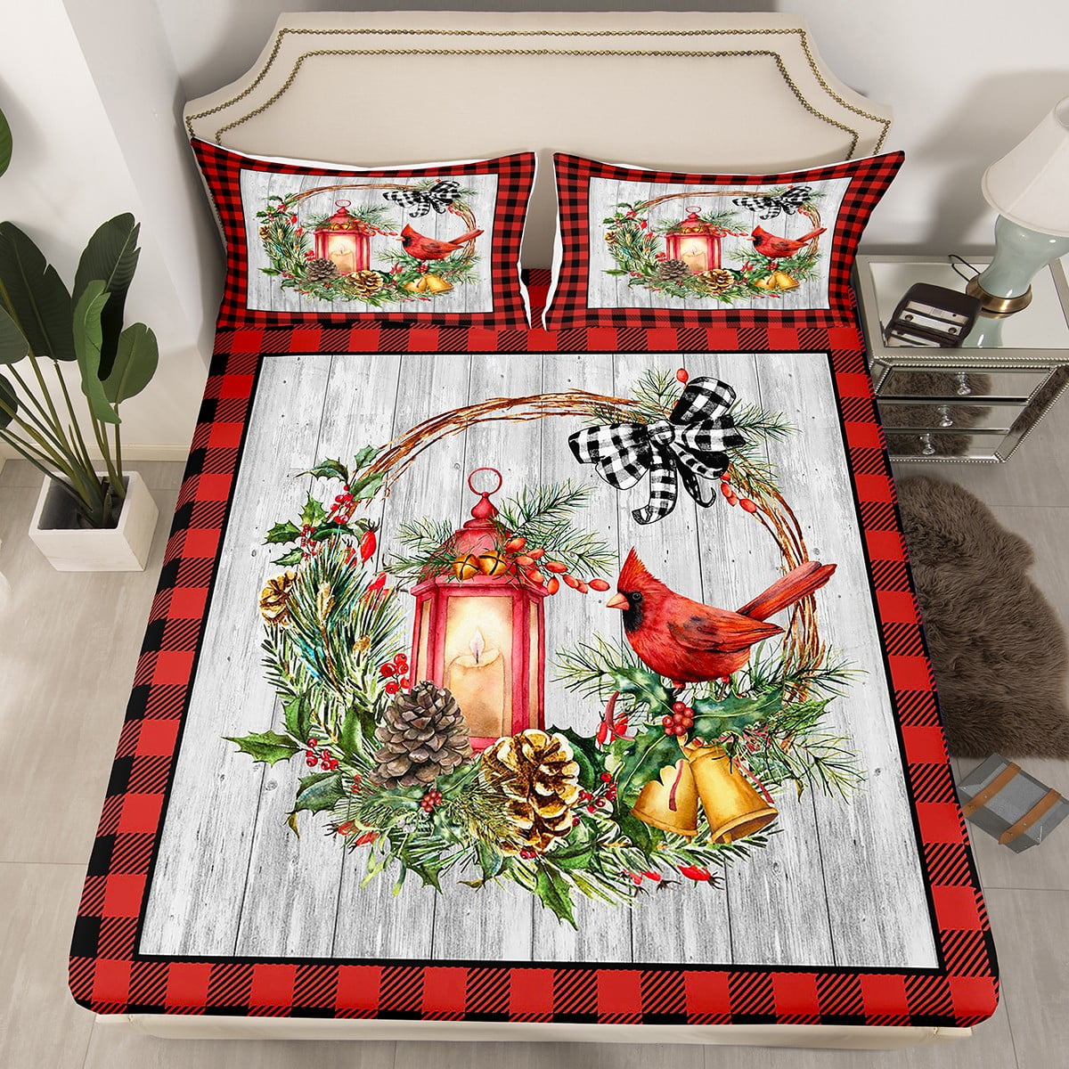 YST Rustic Cardinal Bird Bedding Set Merry Christmas Bed Sheets For