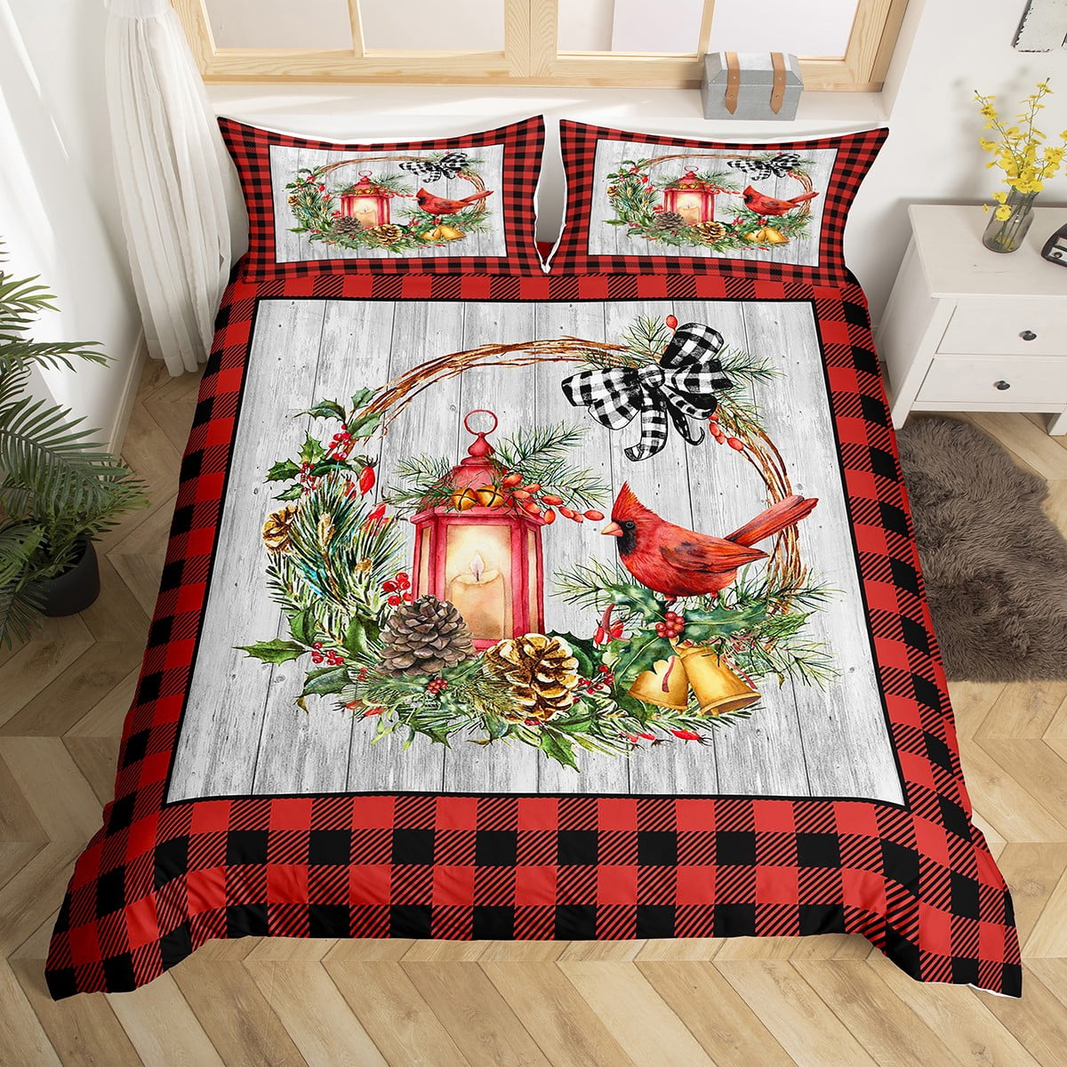 YST Rustic Cardinal Bird Bedding Set Merry Christmas Comforter Cover