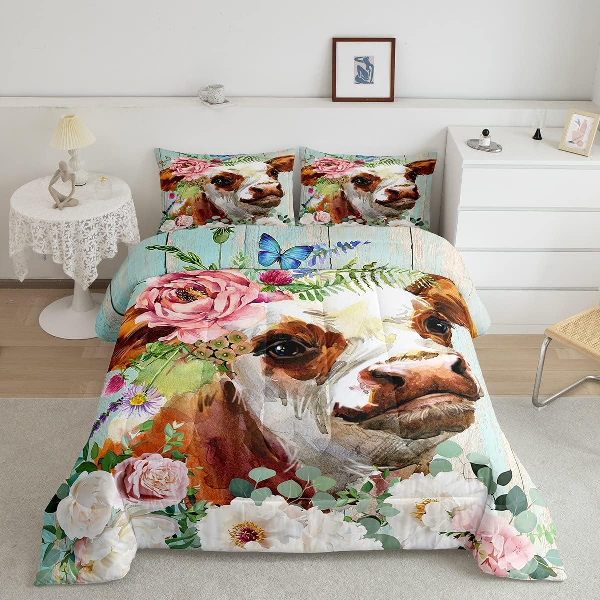 YST Rustic Cow Comforter Set Twin,Oil Painting Cowhide Bedding Set for ...