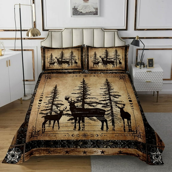 YST Rustic Deer Bedspread Set Farmhouse Cabin Quilt Set Queen Western Woodland Wildlife Coverlet Set For Kids Boys Adults Men Black Retro Country Animal Bedding Set 3 Pcs