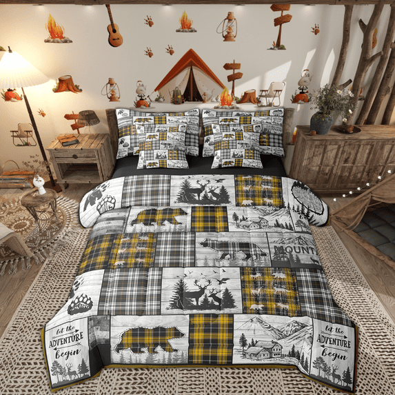Rustic Farmhouse Bed In A Bag 7 Piece Plaid Bear Deer Wolf Comforter Set Twin Cabin Lodge Bedding Comfrter Sets Country Hunting Woodland Animal Bed Set Black Yellow Grey
