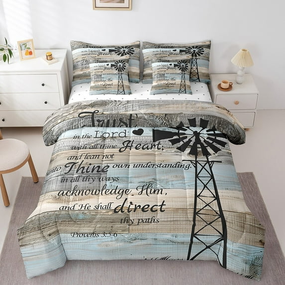 Rustic Farmhouse Bed In A Bag Twin Country Windmill Comforter Set 7 Piece Adults,Wooden Board Cabin Bedding Set Blue Grey Vintage Barn Door Sheet Set With Comforter
