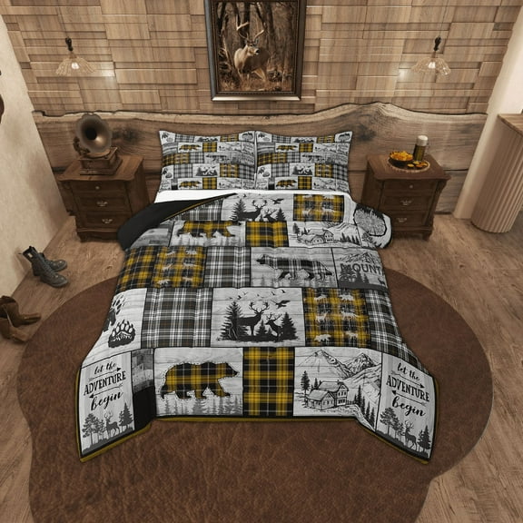 Erosebridal Rustic Farmhouse Bedding Comforter Sets Retro Buffalo Plaid Bear Deer Wolf Bedding Set Full Cabin Lodge Comforter Set Hunting Woodland Animal Wildlife Quilt Set Black Yellow Grey