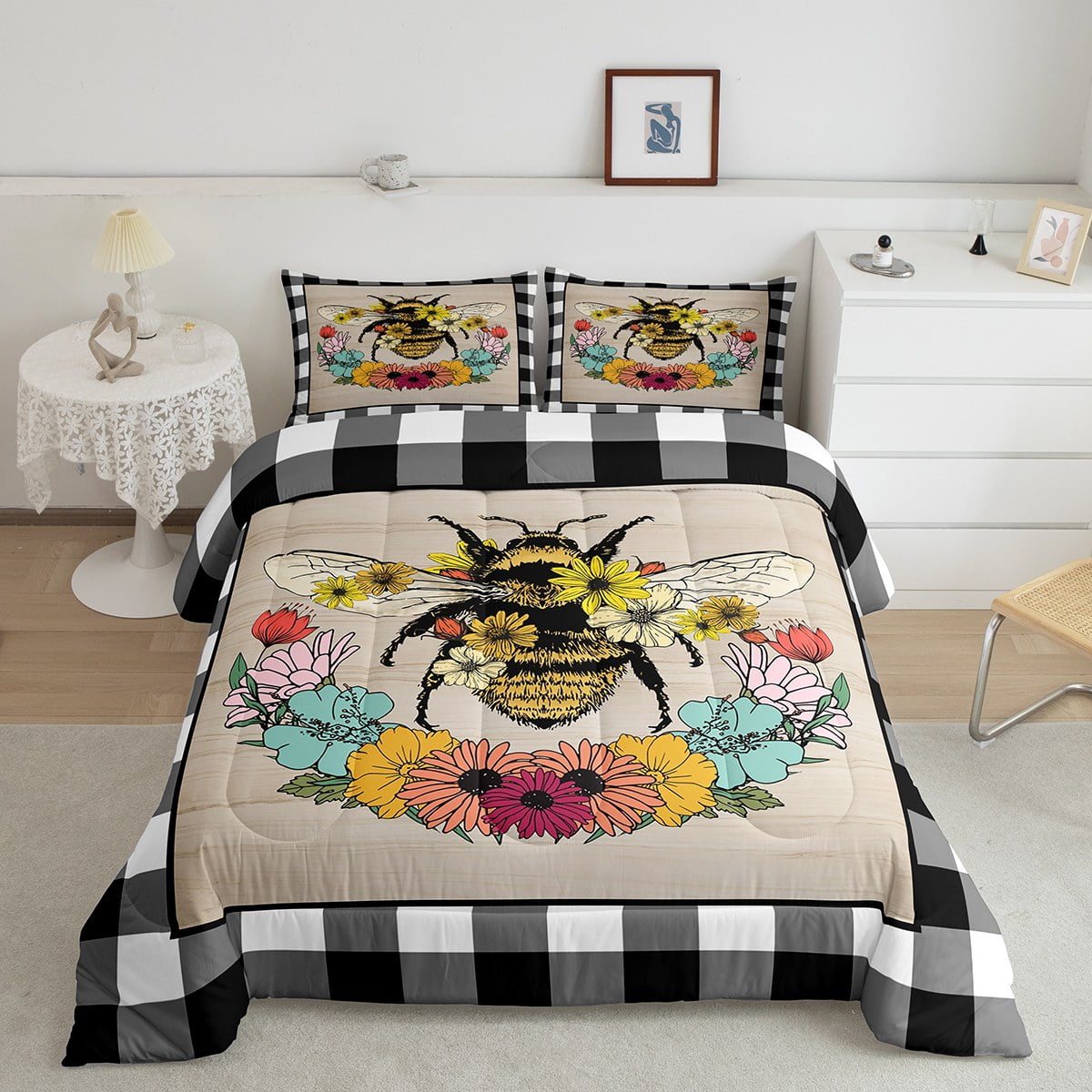 YST Rustic Farmhouse Bedding Set King Vintage Honey Bee Comforter Set