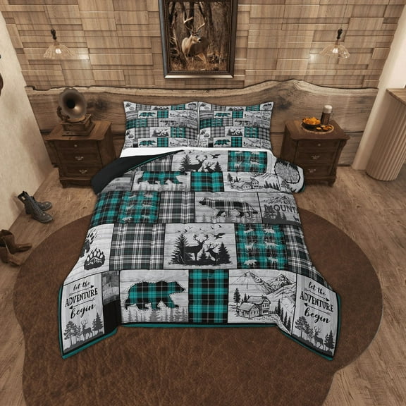 Erosebridal Rustic Farmhouse Bedding Sets Hunting Wolf Bear Deer Bed Comforter Set Queen,Black Teal Grey Buffalo Plaid Cabin Comforter Set For Camping Woodland Wildlife Bed Set Adults
