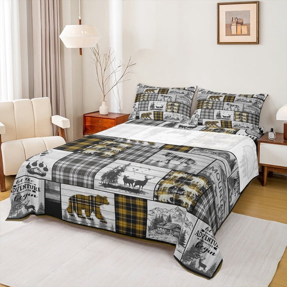 Rustic Farmhouse Bedding Sheets Retro Buffalo Plaid Bear Deer Wolf Sheet Set Twin Cabin Lodge Bed Sheets Country Hunting Woodland Animal Wildlife Top Flat Sheet Black Yellow Grey