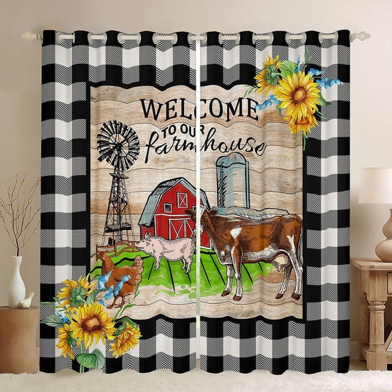 Rustic Farmhouse 30%-50% Blackout Curtains, Windmill Gift Curtains & Drapes 42"Wx84"L, Cow Pig Chicken Farm Animal Curtains Western Vintage Wooden Board Window Curtains Windmill Decor For Garden