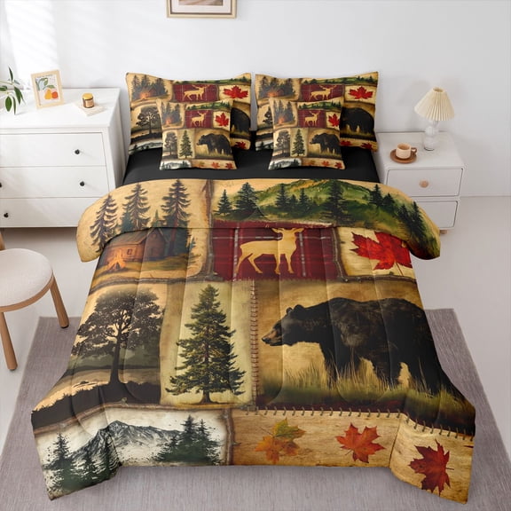 Erosebridal Rustic Farmhouse Comforter Set 7 Pcs Queen,Retro Cabin Lodge Down Comforter,Hunting Bear Deer Bed in a Bag,Country Maple Leaves Duvet Insert,Rustic Woodland Pine Tree Sheets,Red Brown