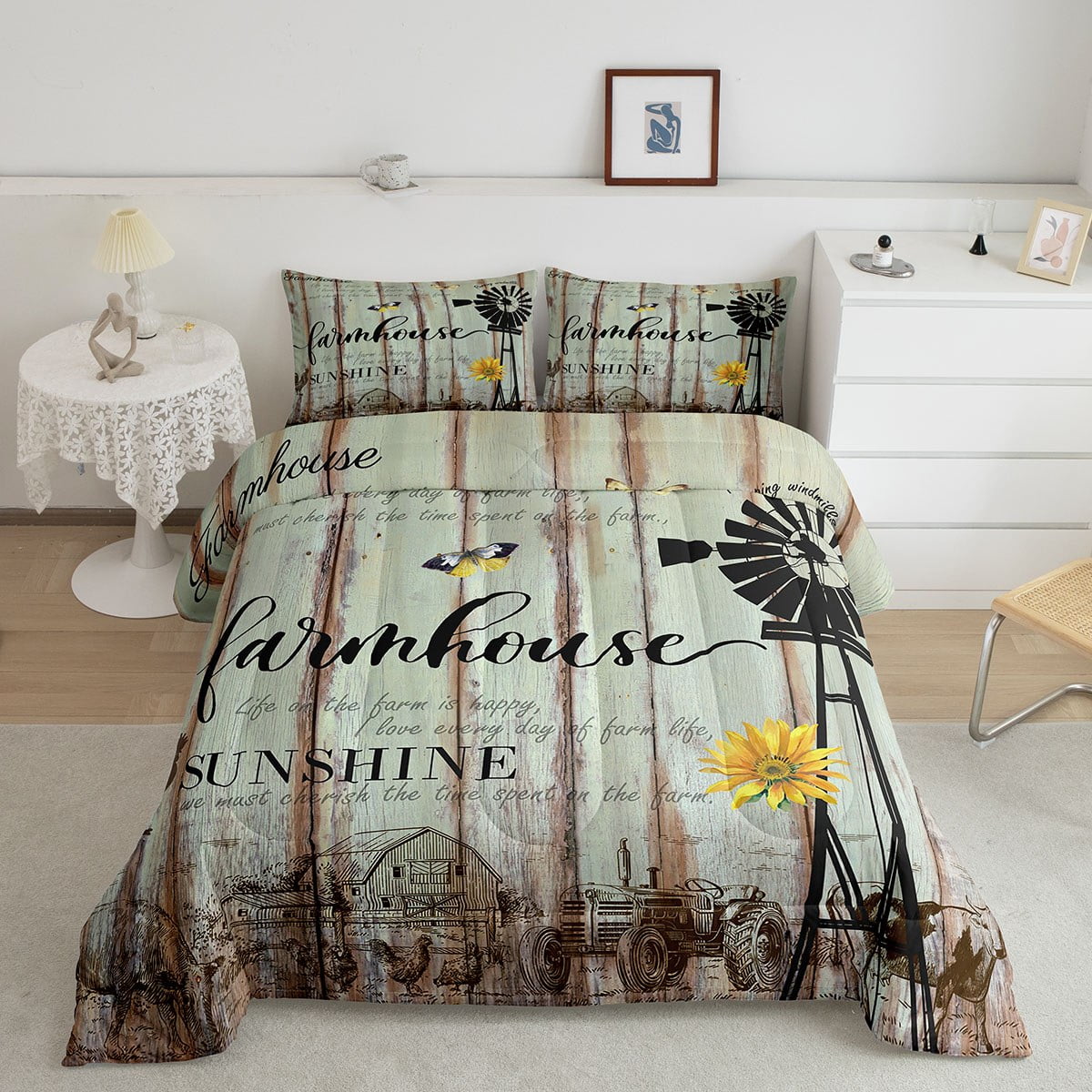 YST Rustic Farmhouse Comforter Set Queen Size, Country Windmill Bedding