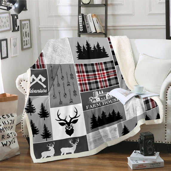 Rustic Farmhouse Throw Blanket Throw Size, Deer Patchwork Sherpa Blanket Teen Adult Women, Retro Plaid Grid Fleece Blanket Country Bohemian Arrows Flannel Blanket, Black Red Grey