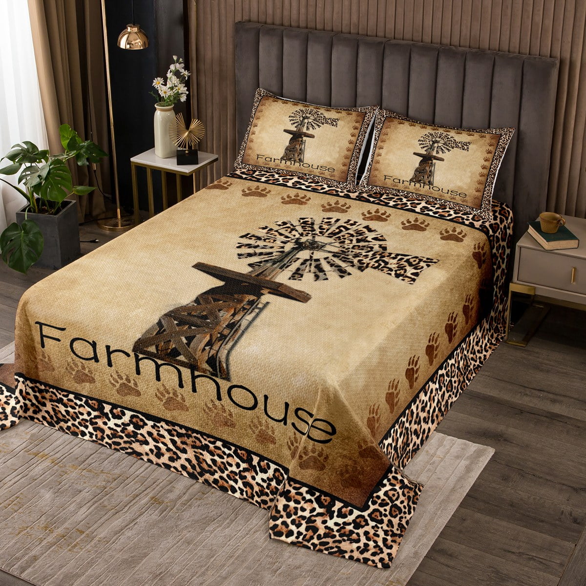 YST Rustic Farmhouse Twin Quilt Set Brown Leopard Print Coverlet Set