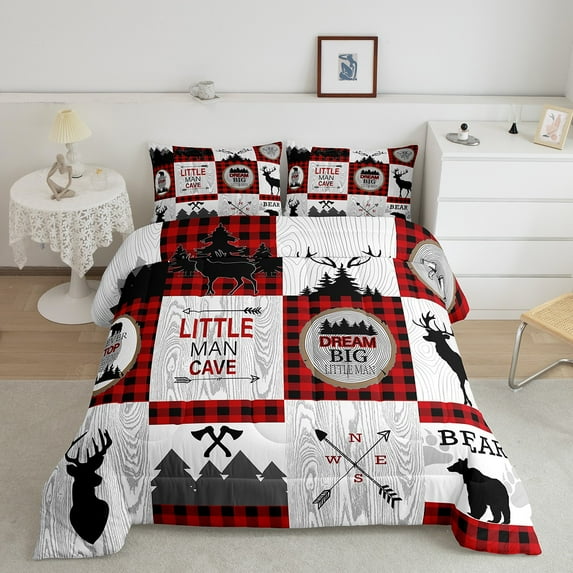 Erosebridal Rustic Bedding Set Red Black Plaid Bear Deer Comforter Sets Queen Size,Farmhouse Cabin Check Quilt Set For Men,Country Adventure Hunting Bed Duvet Set 2 Pillow Cases