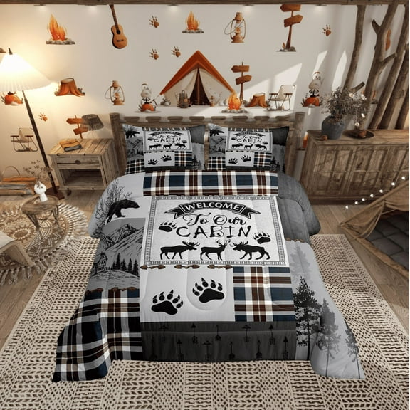 Rustic Patchwork Comforter Queen, Country Cabin Bedding Set Teens Adult Checkered Buffalo Plaid Comforter Set Bear Deer Woodland Duvet Insert Farmhouse Decorations