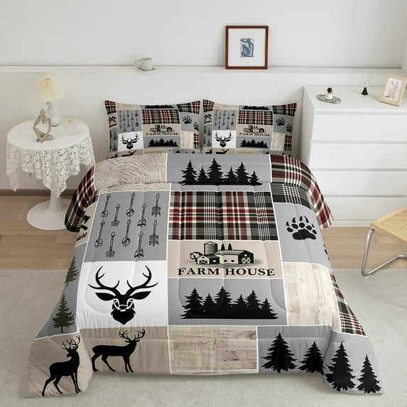 Erosebridal Rustic Patchwork Comforter Set Twin, Retro Cabin Bedding Set Teens Adult,Woodland Deer Bedding Comforter Sets Hunting Wild Animal Duvet Insert Farmhouse Decor, Grey Black Red