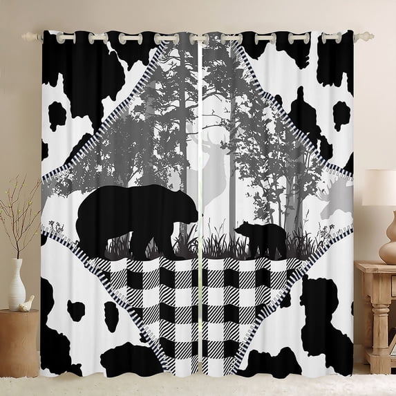 YST Rustic Patchwork Curtains, Wild Bear Animal Curtains & Drapes Lattice Buffalo Plaid Blackout Curtains Woodland Pine Trees Pattern Printed Window Curtains Farmhouse Decorations,52''Wx84''L