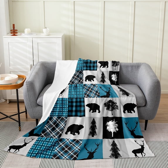 YST Rustic Patchwork Flannel Blanket Queen 90x90 inch,Country Cabin Fleece Blanket,Checkered Buffalo Plaid Bear Deer Throw Blanket,Woodland Wildlife Farmhouse Fuzzy Blanket Lightweight,Blue