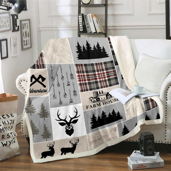 Rustic Patchwork Fleece Blanket Queen Size, Retro Cabin Throw Blanket Teens Adult,Woodland Deer Sherpa Blanket Hunting Wild Animal Farmhouse Plush Bed Blanket, Grey Black Red